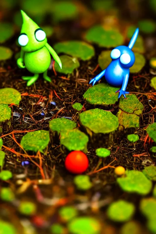 Image similar to claymation nintendo's pikmin on a forest floor, tilt shift photography