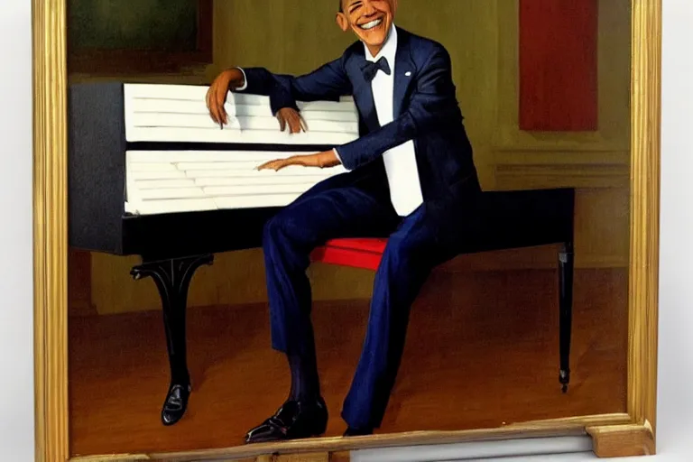 Prompt: a portrait Barack obama wearing an american flag tuxedo suit and playing the piano by normal rockwell