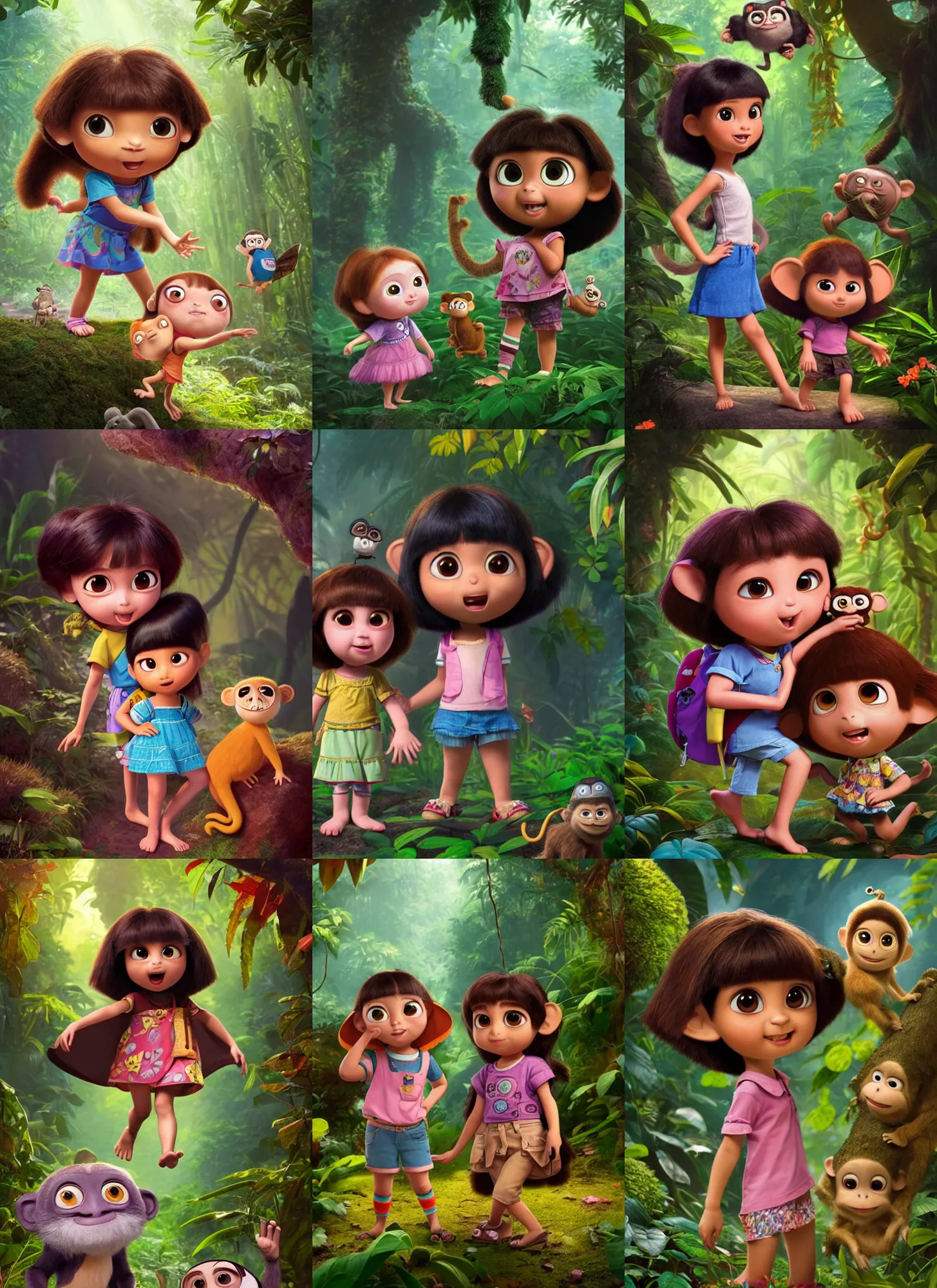 Prompt: very beautiful portrait of an extremely cute and adorable very beautiful dora and monkey in jungle, character design by mark ryden and pixar and hayao miyazaki, unreal 5, daz, hyperrealistic, octane render, cosplay, rpg portrait, dynamic lighting, intricate detail, fall vibrancy, cinematic