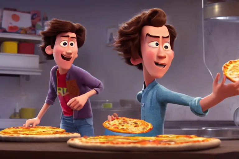 Prompt: still from a Pixar movie of Harry Styles making a pizza, high quality 3d render, movie, Pixar, Renderman, 4k, artstation