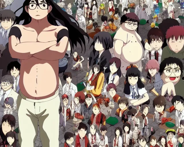 Image similar to fat otaku in hell, comic panels, graphic art, rgba, 8 k hd resolution, pinterest, dynamic character, 8 k character details, concept art, 8 k ultra realistic, intricate details, ultra detailed, reduce character duplication, in style of hayao miyazaki, by studio ghibli