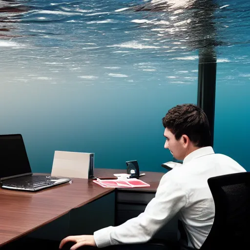 Prompt: photo of someone working at an office desk, underwater, cinematic