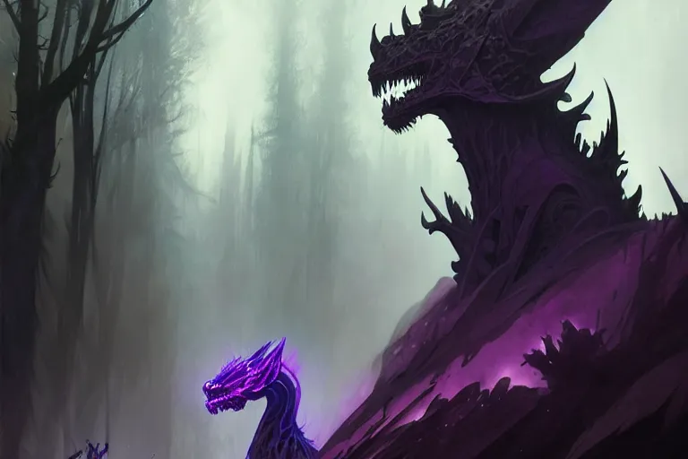 Image similar to concept art of a dispacer beast, d & d creature, by greg rutkowski and alphonse mucha, gradient black to purple, monoliths in a dark forest background, highly detailed, digital painting, artstation, concept art, smooth, sharp focus illustration, artstation hq