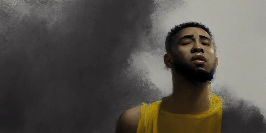 Image similar to painting of a cinematic still of a young light - skin black rapper singing, wearing a white tank top, extremely detailed digital painting, in the style of fenghua zhong and ruan jia and jeremy lipking and peter mohrbacher, predominant colors are black and yellow, rim light, beautiful lighting, 8 k, raytracing, octane, trending on artstation