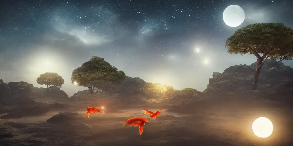 Prompt: koi fish floating in the sky over moonlit socotra island with dragon trees, starry night, sharp focus, wide shot, trending on artstation, masterpiece, by greg rutkowski, by ross tran, by fenghua zhong, octane, soft render, ultrarealistic, colorful, cinematic, shadow of the tomb rider