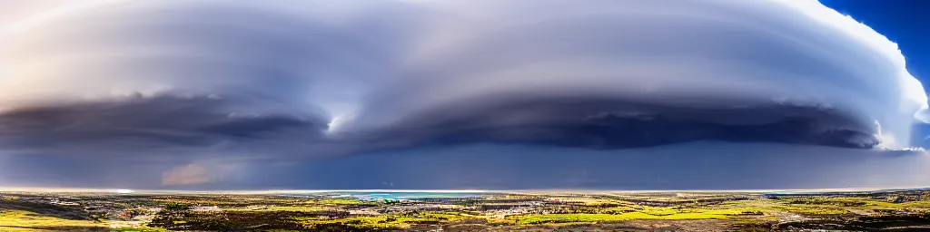 Prompt: Panorama view of the sky, looking out over the sea, 50* degree up from the horizon, big cumulonimbus clouds, storm clouds with volcano eruption, high detailed clouds