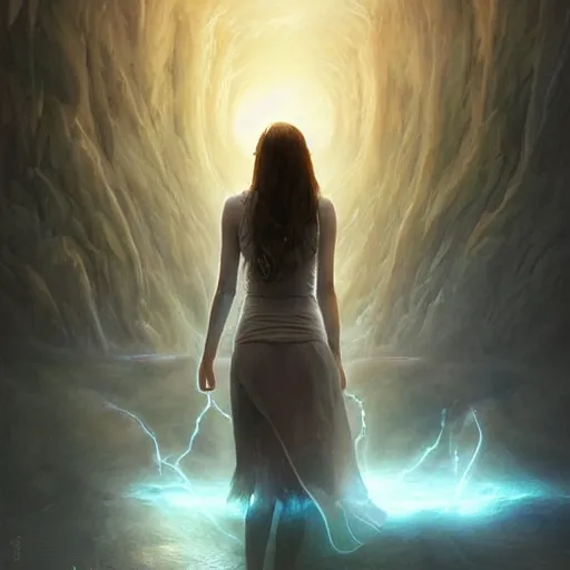 Prompt: a fantastic hyperdetailed 3 d matte painting of a light flow stream of energy comes out of the soul of a girl from the light who looks like an angel by art by greg rutkowski artgerm