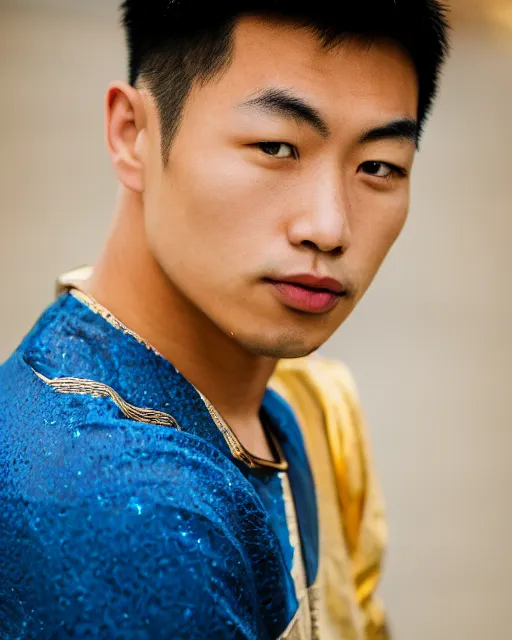 Prompt: gold, blue, photo of an asian male, 8 5 mm f 1. 8