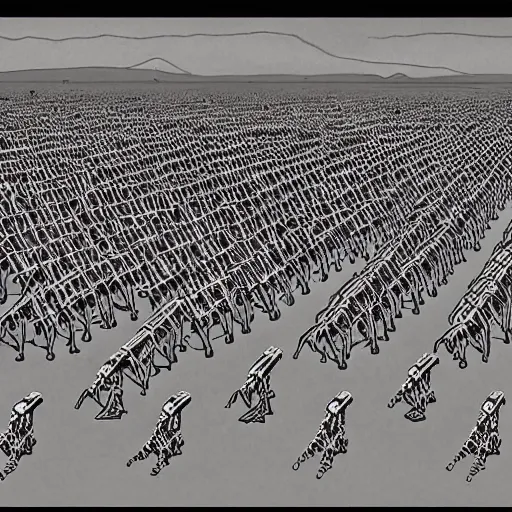 Prompt: painting of army of army of metallic robots in desert, by mc escher