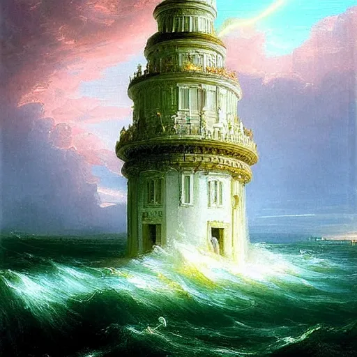 Prompt: a delicate ornate white fantasy tower with pink and green decoration splashes upwards from a turbulent ocean, dramatic lighting, rich colors, beautiful painting by Thomas Cole