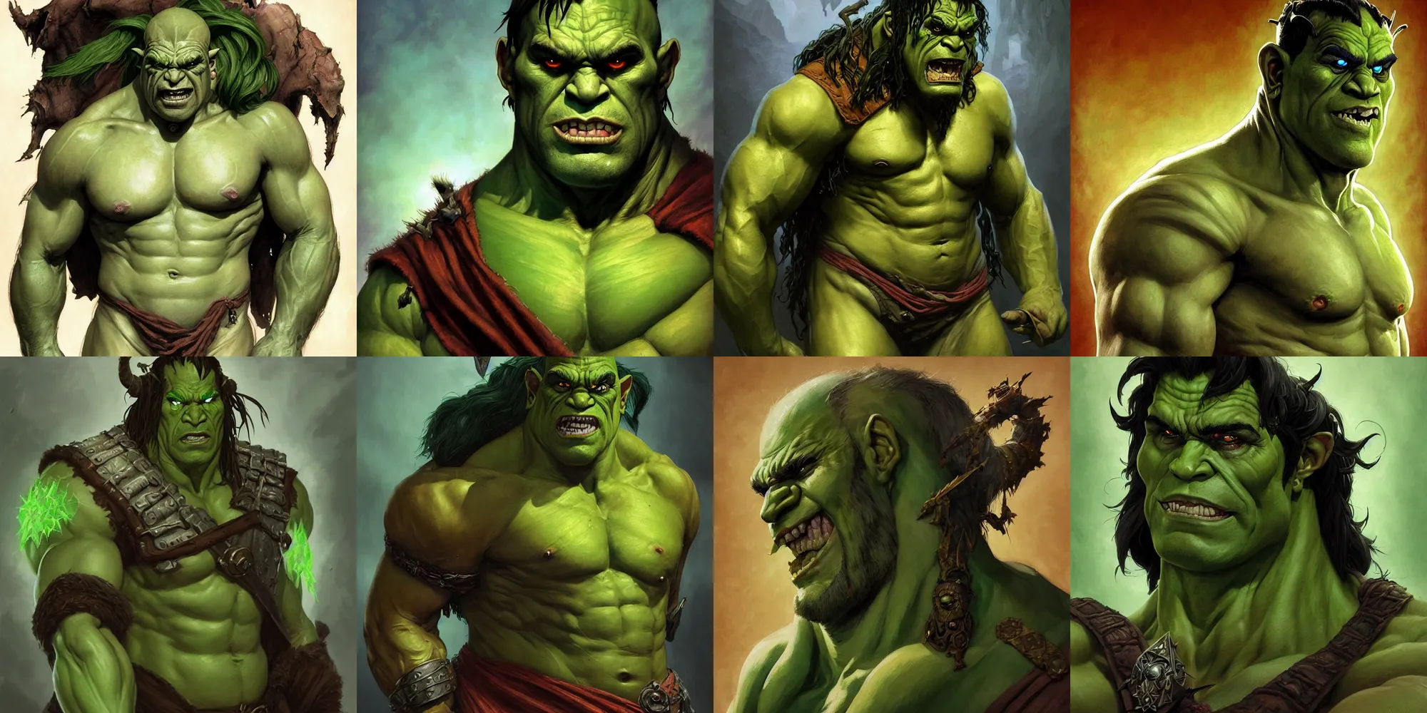 Prompt: “portrait of a tall muscular male half-orc with green skin wearing a tattered robe and using his magical powers, D&D character, highly detailed, digital fantasy character painted portrait, artstation, concept art, sharp focus, smooth, illustration, art by artgerm and greg rutkowski and alphonse mucha and craig mullins and James Jean and Andrei Riabovitchev and Marc Simonetti and peter mohrbacher”