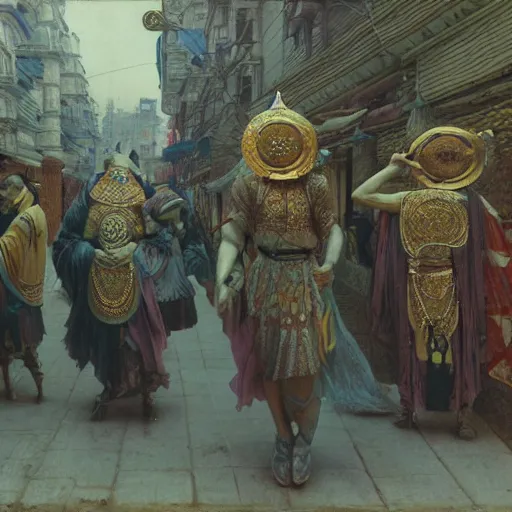 Image similar to study of masked Byzantine Tang Dynasty dancers on the art deco streets of the Undying Empire city of ya-Sattra during the Festival of Masks, award-winning realistic sci-fi concept art by Beksinski, Bruegel, Greg Rutkowski, Alphonse Mucha, and Yoshitaka Amano