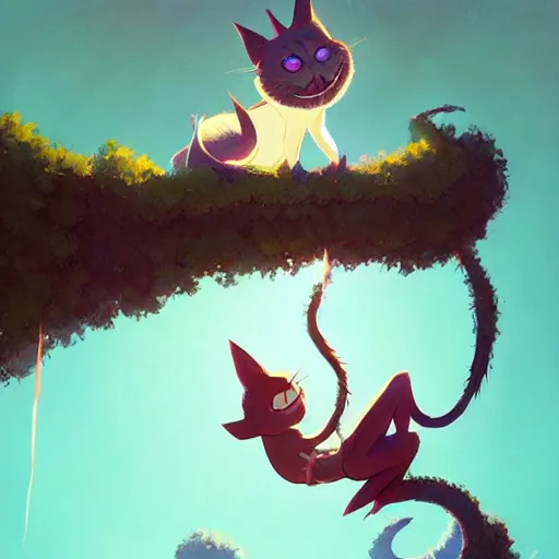 Prompt: cheshire cat dangling from a tree by cory loftis and goro fujita and atey ghailan and makoto shinkai, exquisite lighting, art, very coherent, plain background, trending on artstation