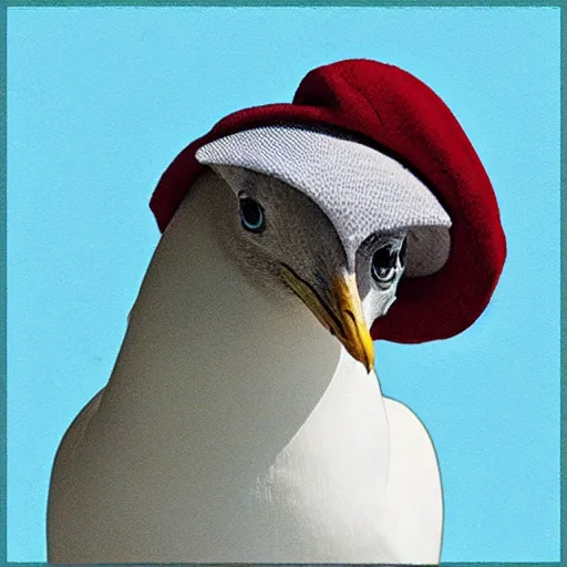 Image similar to Seagull wearing luigis hat, realistic