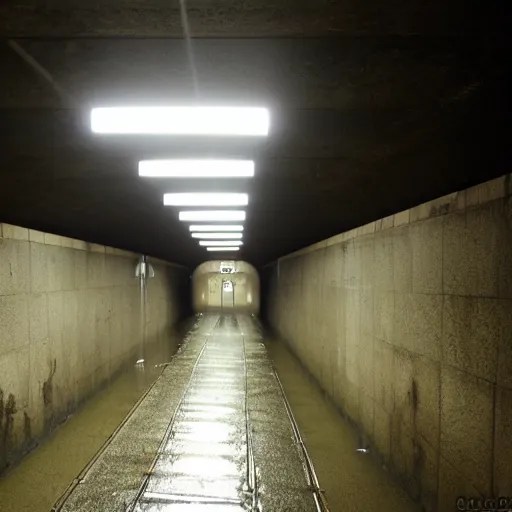 Image similar to flooded subway tunnel, eerie, creepy, spooky, liminal, liminal space, surreal, dark, dim,