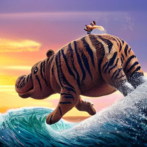 Image similar to a closeup photorealistic photograph of a cute smiling knitted tiger hippopotamus riding a wave at sunset. surf in background. professional capture. brightly lit scene. this 4 k hd image is trending on artstation, featured on behance, well - rendered, extra crisp, features intricate detail, epic composition and the style of unreal engine.