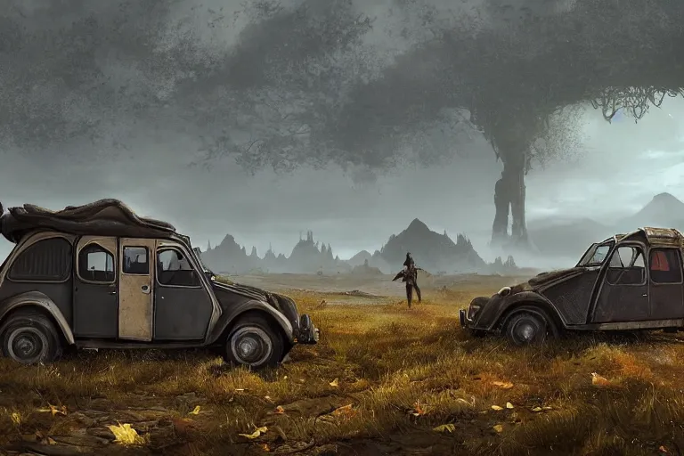 Prompt: offroad citroen 2 cv ( 1 9 6 5 ) driving across the rift, daedric longsword attached to the side, leather and cloth traveller bags on roof, riften city in the background, epic fantasy, autumn, the elder scrolls v : skyrim, dramatic lighting, establishing shot, by simon stalenhag