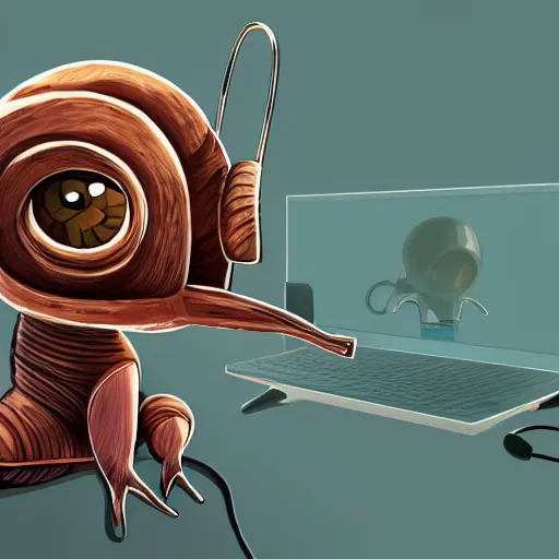 Image similar to snail with headset on its eyes behind pc, highly detailed, trending artstation,