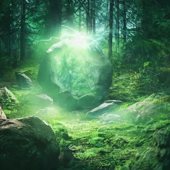 Prompt: magic stone portal in the forest, splash art, movie still, cinematic lighting, dramatic, octane render, extreme close-up, long lens, shallow depth of field, bokeh, anamorphic lens flare, 8k, hyper detailed, 35mm film grain