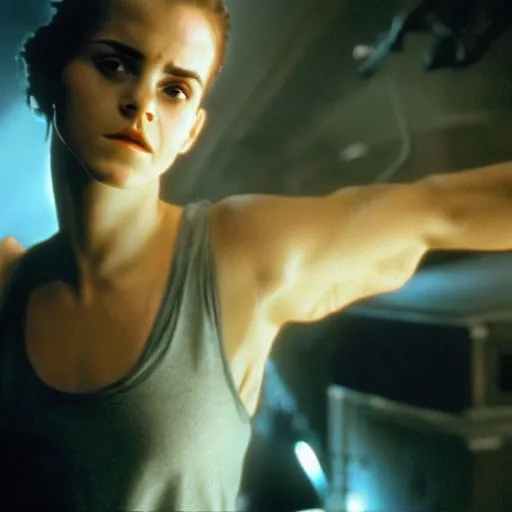 Prompt: Emma Watson as Ellen Ripley in Alien 3 famous scene, film still, UHD, 8k, highly detailed