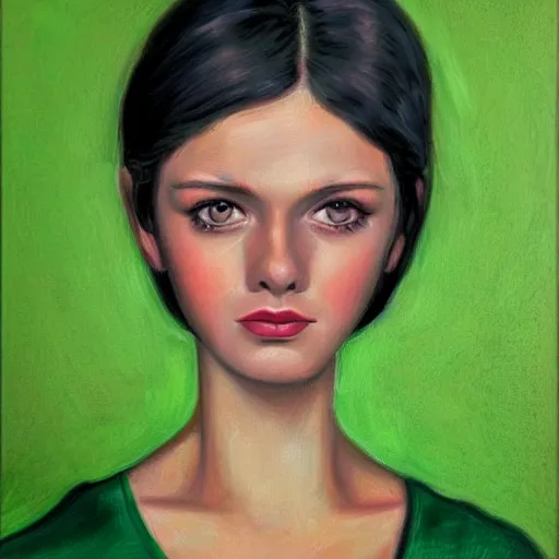 Image similar to portrait of a beautiful woman in green in the style of Margaret Keane, realistic, highly detailed, HD, 4k