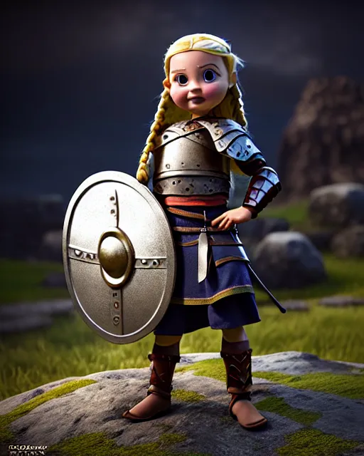 Image similar to an adorable toy of a viking girl with her shield raised to defend, pixar style, authentic viking armor, historically accurate, clean detail, symmetrical, octane render, studio lighting