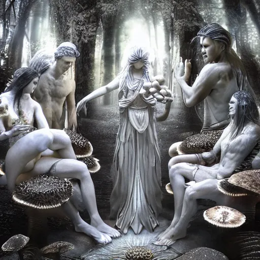 Image similar to mushroom goddess with group of elders, discussing the new season of friends, cynical realism, hiroya oku painterly, yoshitaka amano, chris cunningham, black and white, beautiful lighting, 3 d render, 8 k