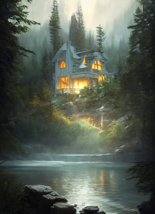 Image similar to cinematic snapshot of the epic concept art white castle in the valley by the lake, around the forest beautiful, realistic poster with volumetric light from craig mallism, artgerm, jeremy lipkin and michael garmash, unreal engine, radiant light, detailed and complex environment, digital art, trends at art station