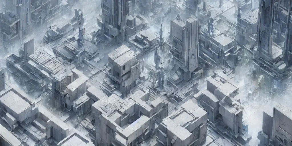 Image similar to complex and futuristic cyberpunk robot city made out of white marble and brutalist concrete with falling snow, photo by jim burns, peter andrew jones, michael hutter, sharp digital painting. dreaming latent space. matte painting, concept art. artstation. digital render, award winning architecture, hdrp, ue 4, ue 5, revit, autodesk, autocad