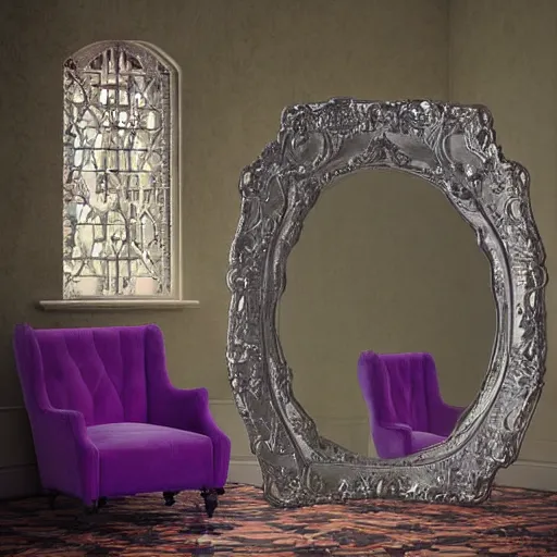 Image similar to castle interior with a mirror in the shape of an antique silver tray floating and shooting purple magic, digital art