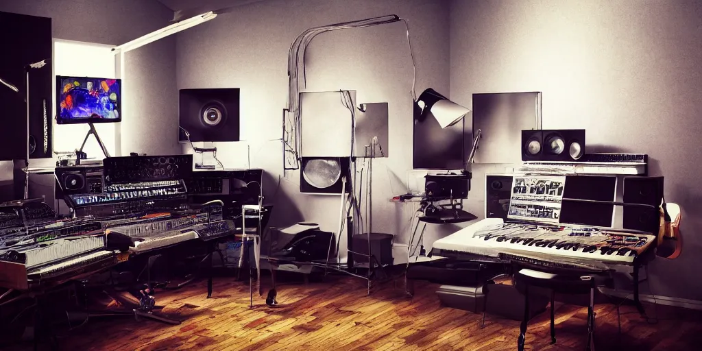 Prompt: a color photograph of a very tidy futuristic musician's studio, trending on artstation, hyperrealism