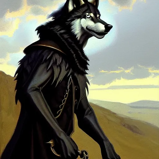 Prompt: an anthropomorphic wolf in a black doublet looking out over the hills, artstation hq, stylized, sharp focus, concept art, furaffinity fursona, furry, anthropomorphic, by gregory manchess and norman rockwell, rim lighting