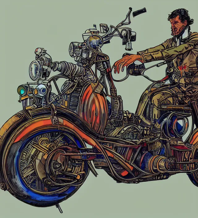 Image similar to atompunk / decopunk motorcycle in the style of jean giraud in the style of moebius trending on artstation deviantart pinterest detailed realistic hd 8 k high resolution