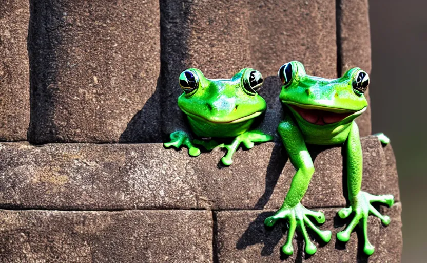 Image similar to happy frogs at a medieval throne castle, highly detailed, extremely high quality, hd, 4 k, 8 k, professional photographer, 4 0 mp, lifelike, top - rated, award winning, cinematic, realistic, detailed lighting, detailed shadows, sharp, no blur, edited, corrected, trending