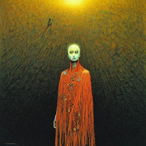 Image similar to the cult leader stands at the altar as sunlight pours into his open arms, high detailed beksinski painting, by adrian ghenie and gerhard richter. art by takato yamamoto. masterpiece, deep colours.