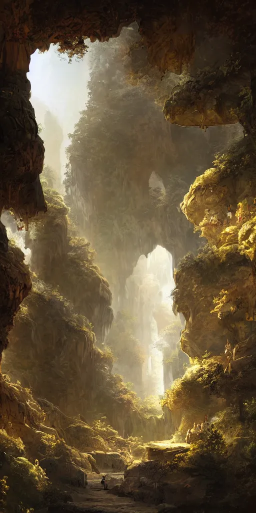 Prompt: detailed interior of natural caves, light shafts, monks, stunning atmosphere, by asher brown durand, inspired by greg rutkowski, inspired by peter mohrbacher,