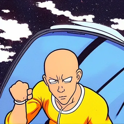 Image similar to long shot of tiny vin diesel as saitama punching a car into space