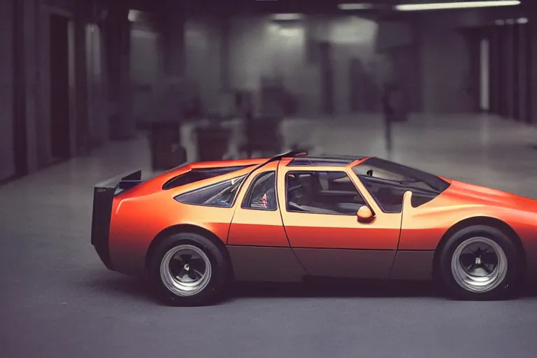 Prompt: designed by Giorgetto Giugiaro stylized poser of a single, in-frame, 1973 Miura Citroen DM BMW M1 (McLaren F1) DeLorean, thick neon lights, ektachrome photograph, volumetric lighting, f8 aperture, cinematic Eastman 5384 film