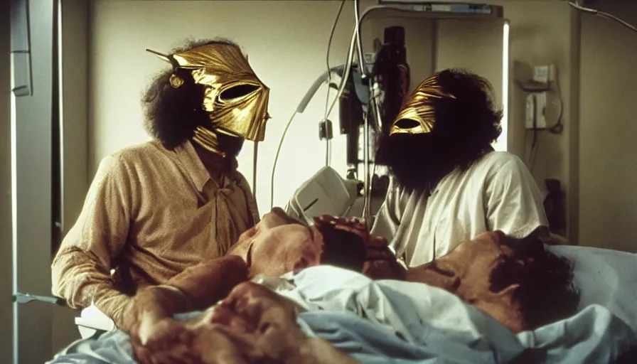 Image similar to 70s movie still of a man wearing gold spiral mask in hospital, eastmancolor, heavy grain, high quality, higly detailed, liminal space