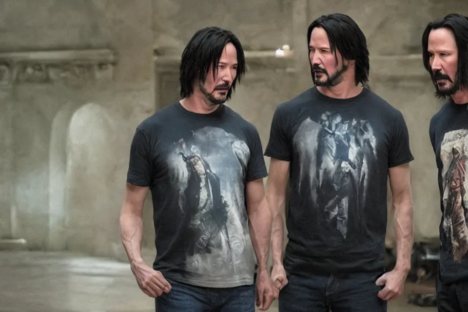 Prompt: film still of keanu reeves holding a t - shirt with keanu reeves on the sleeves in the new fantasy movie