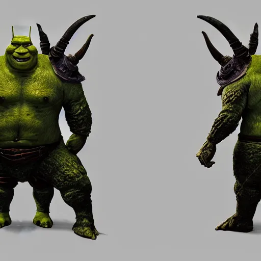 Image similar to Beautiful ultra detailed concept art painting of Shrek as a boss from Elden Ring Dark Souls game, a terrible zbrush sculp of a fearsome green ogre, unreal engine raytracing by Ross Tran, menacing pose, horns and fire