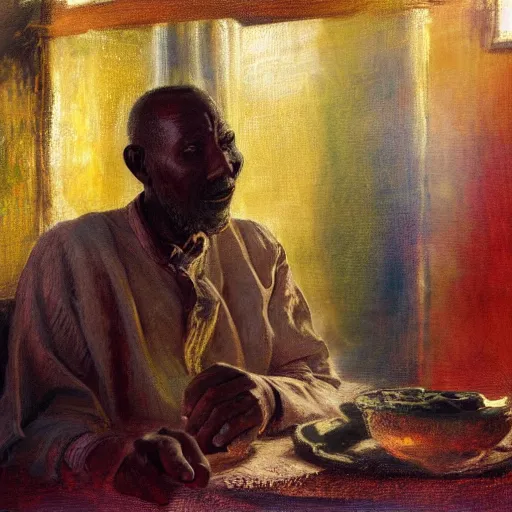 Image similar to a painting of a jovial, loving, daddy/fatherly, generous, kind wise elder and his on from Kenya by Henry Ossawa Tanner . dramatic angle, ethereal lights, details, smooth, sharp focus, illustration, realistic, cinematic, artstation, award winning, rgb , unreal engine, octane render, cinematic light, macro, depth of field, blur, red light and clouds from the back, highly detailed epic cinematic concept art CG render made in Maya, Blender and Photoshop, octane render, excellent composition, dynamic dramatic cinematic lighting, aesthetic, very inspirational, arthouse.