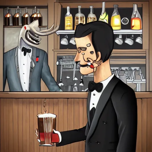 Prompt: Wendigo in a tuxedo suit as a barista in a bar, digital art, illustration, oil on canvas, trending on Artstation