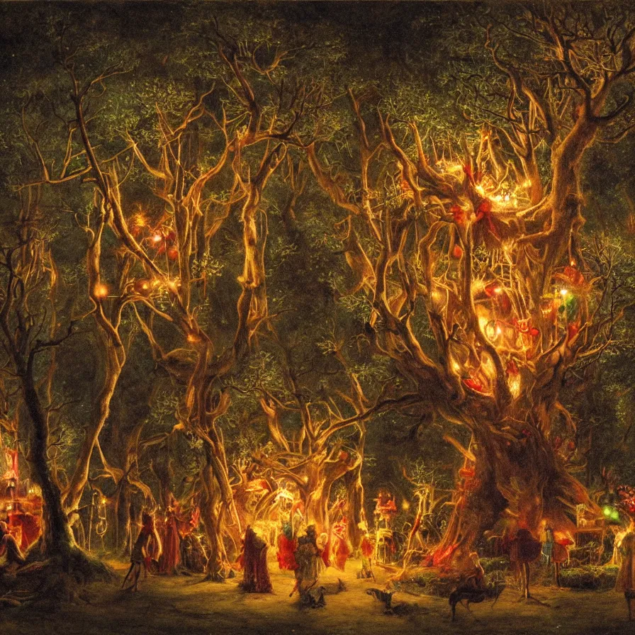 Image similar to closeup of a night carnival inside a tree cavity in a magical forest in the middle of a summer storm, with a music scenario with many fireworks and christmas lights, volumetric lightning, instense god rays in the sky, folklore people disguised with fantastic creatures in a magical forest by summer night, masterpiece painted by walter langley, scene by dark night environment, refraction lights,