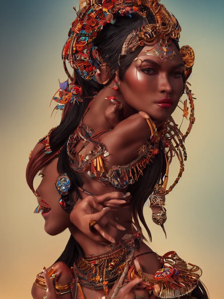 Prompt: a centered render of an alluring tribal goddess, full body, gorgeous face, perfect face, powerful, by anna dittmann, 3 d, trending on artstation, octane render, 8 k