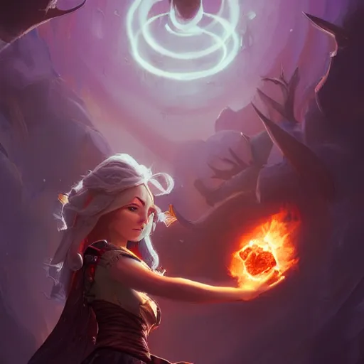 Image similar to The sorceress casting a fireball, Official Hearthstone artwork by Greg Rutkowski in Hearthstone Art style, professional illustration, very high details, insanely trending on Artstation