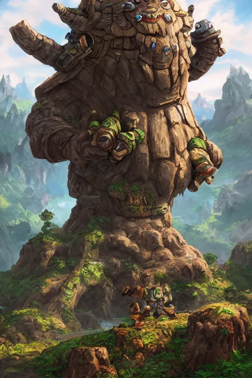 Image similar to zelda fantasy art giant golem troll wood rock greeble gemstone, global illumination ray tracing hdr fanart arstation by sung choi and eric pfeiffer and gabriel garza and casper konefal