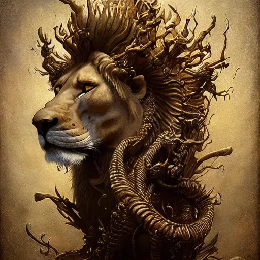 Prompt: a beautiful detailed 3 d matte portrait of a smoke lion, by ellen jewett, by tomasz alen kopera, by justin gerard, ominous, magical realism, texture, intricate, skull, skeleton, gold coins, money, whirling smoke, alchemist bottles, radiant colors, fantasy, volumetric lighting, high details