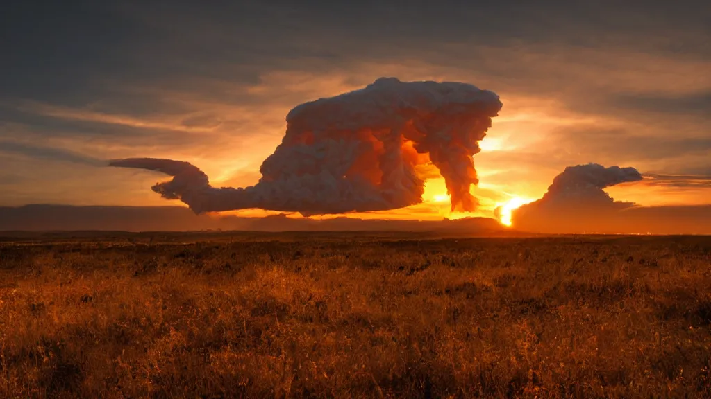 Image similar to movie still of a nuclear explosion, sunset, golden hour, dramatic