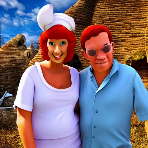 Image similar to fred and wilma flinstone honeymoon highly realistic digital photograph